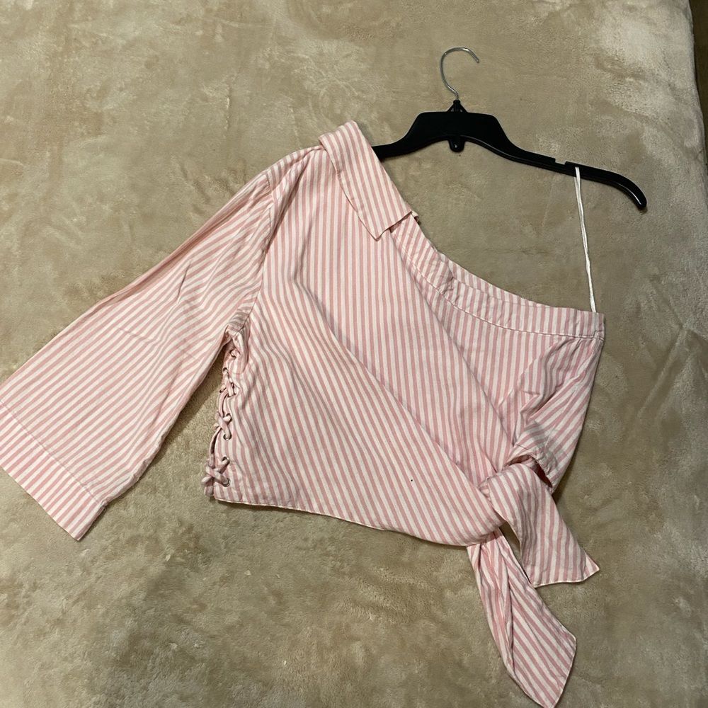 Pull&Bear Jrs Blouse sz L Pink Striped Off-Shoulder Y2K side lace up front tie